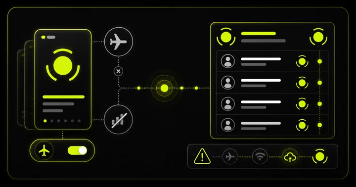 Diagram of a phone screen with an airplane-mode toggle next to a viewer-list panel marked with eye icons
