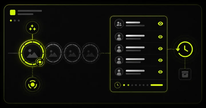Diagram of a row of highlight-story circles next to a viewer list and a clock/archive icon panel