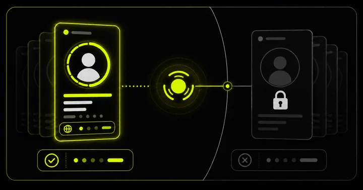 Comparison diagram of a glowing public profile card next to a dimmed private profile card with a padlock icon