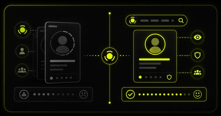 Comparison diagram of a dim profile card with a sad face next to a glowing profile card with a smiley