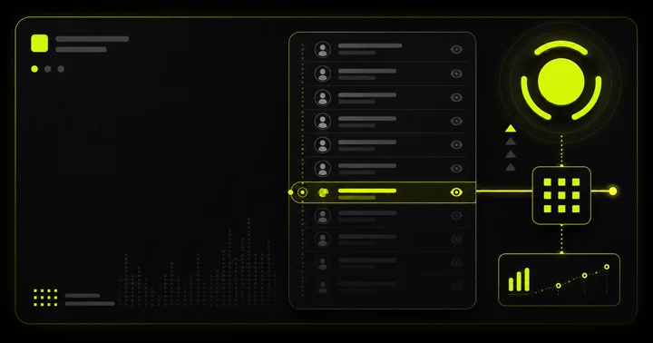 Diagram of a viewer list with one row highlighted, upward-pointing arrows, and a rising bar chart
