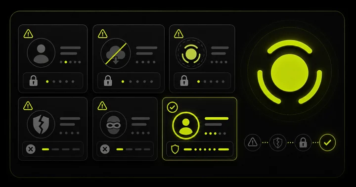Diagram of a row of warning-flagged risk cards next to a shield icon with a crossed-out eye