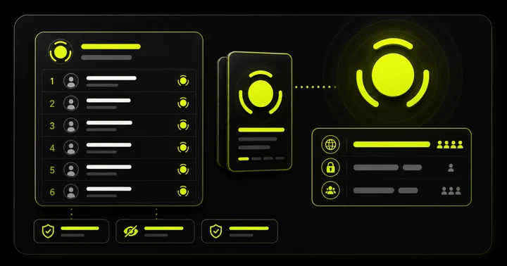 Diagram of a numbered viewer list, a story preview card in the center, and a privacy icon panel on the right