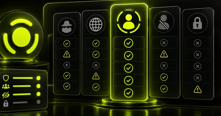 Illustration of a decision matrix comparing public-only scope, no-login flow, clear limits, privacy policy, and ad behavior