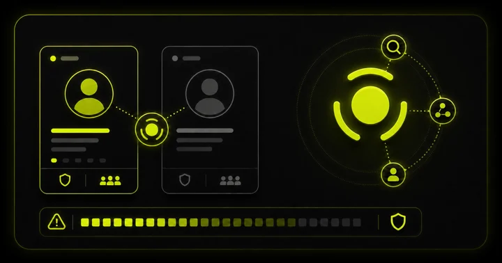 Diagram of two profile cards linked by a crossed-eye icon, surrounded by search and share icons