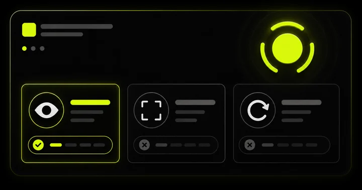 Diagram of three feature cards for viewing, a screenshot-frame icon, and a replay icon