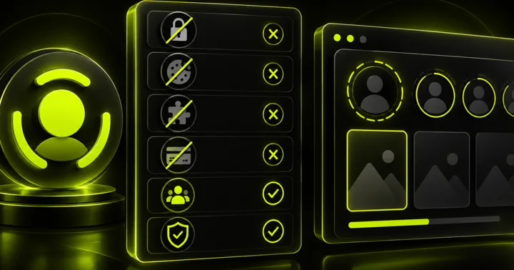 Illustration of a no-login story viewer safety checklist with password, cookie, extension, and payment warning icons