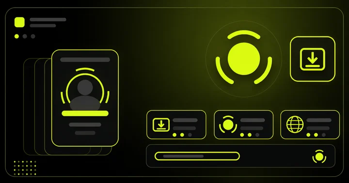 Diagram of a profile card next to a circular download-arrow icon and a crossed-out link icon