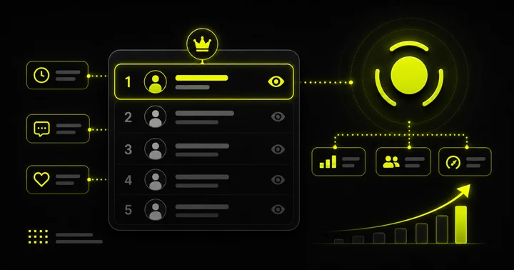 Diagram of a top-ranked name marked with a crown icon, signal icon boxes, and a rising bar chart