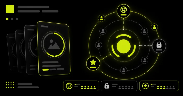 Diagram of stacked profile cards around a central crossed-eye icon linked to globe, lock, and star icons