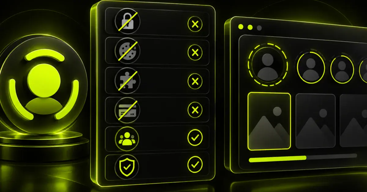 Illustration of a no-login story viewer safety checklist with password, cookie, extension, and payment warning icons
