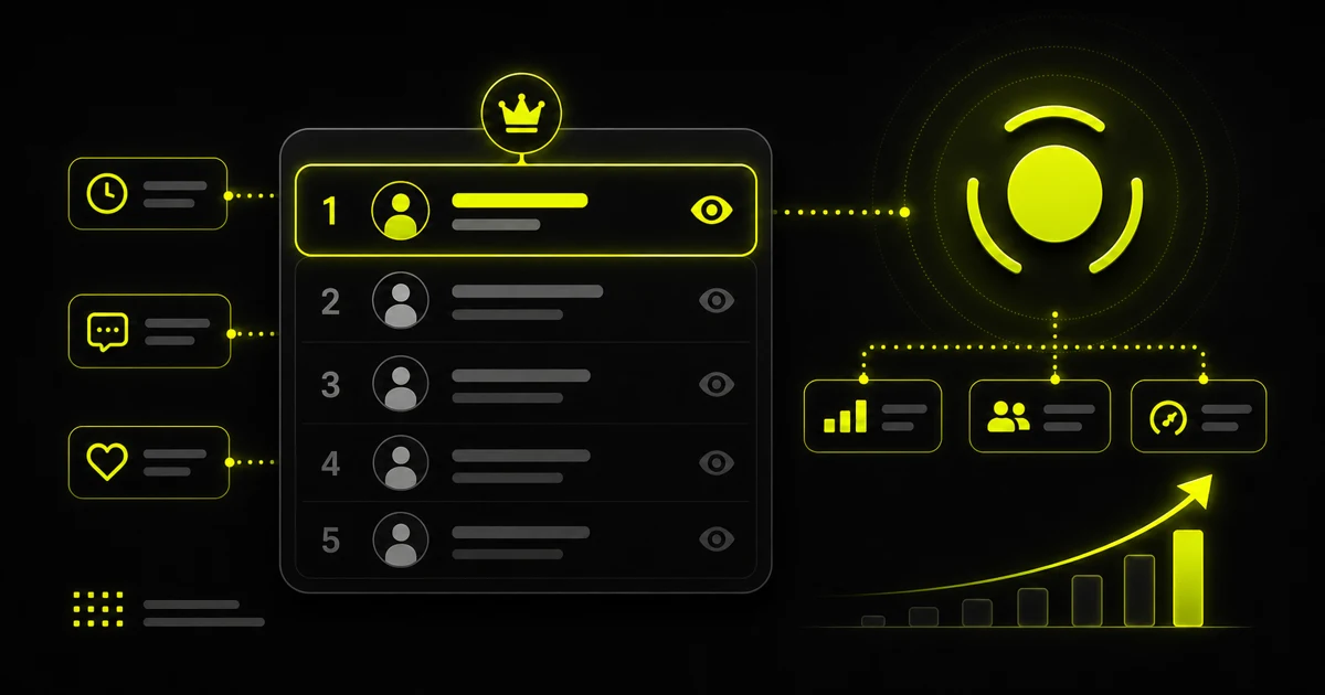 Diagram of a top-ranked name marked with a crown icon, signal icon boxes, and a rising bar chart