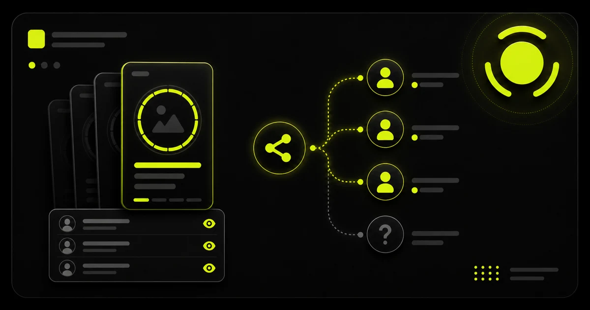 Diagram of a share icon branching out to three profile icons and a question-mark icon